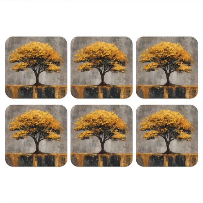 Boom - Bladeren - Goud - Abstract onderzetter kurk middel -3d
