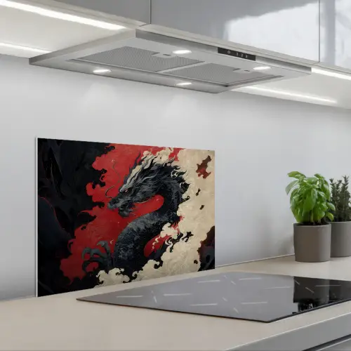 Zwarte draak - Rookwolken - Rood keuken achterwand spatscherm klein -3d_schuin