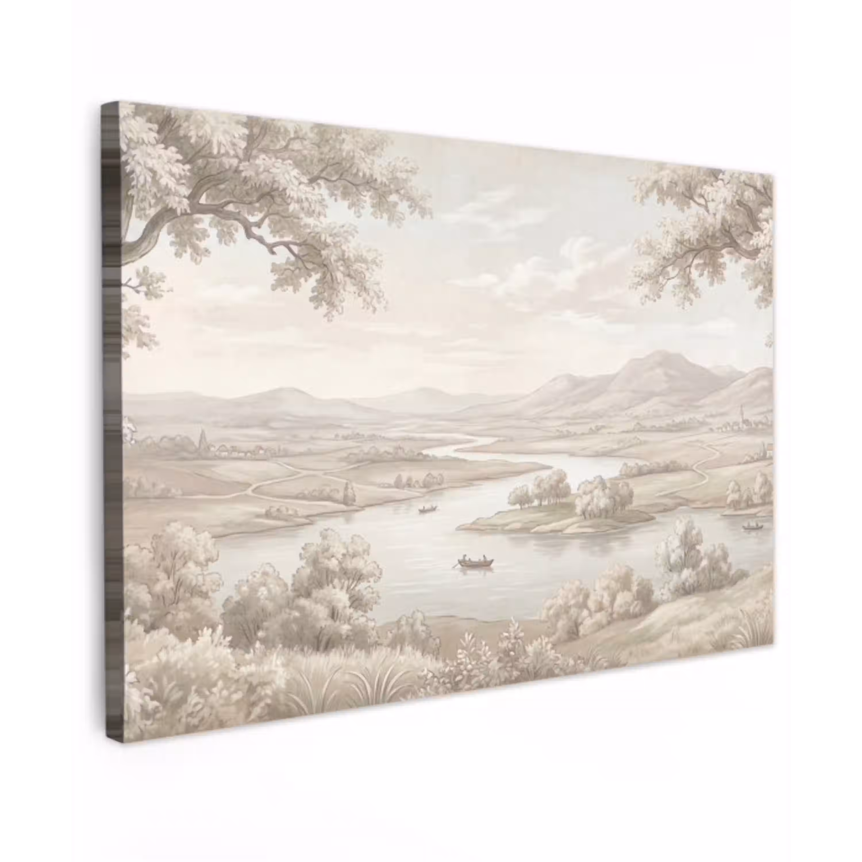 Rivierlandschap - Bergen - Natuur - Vintage - Beige canvas 2cm klein -z3d