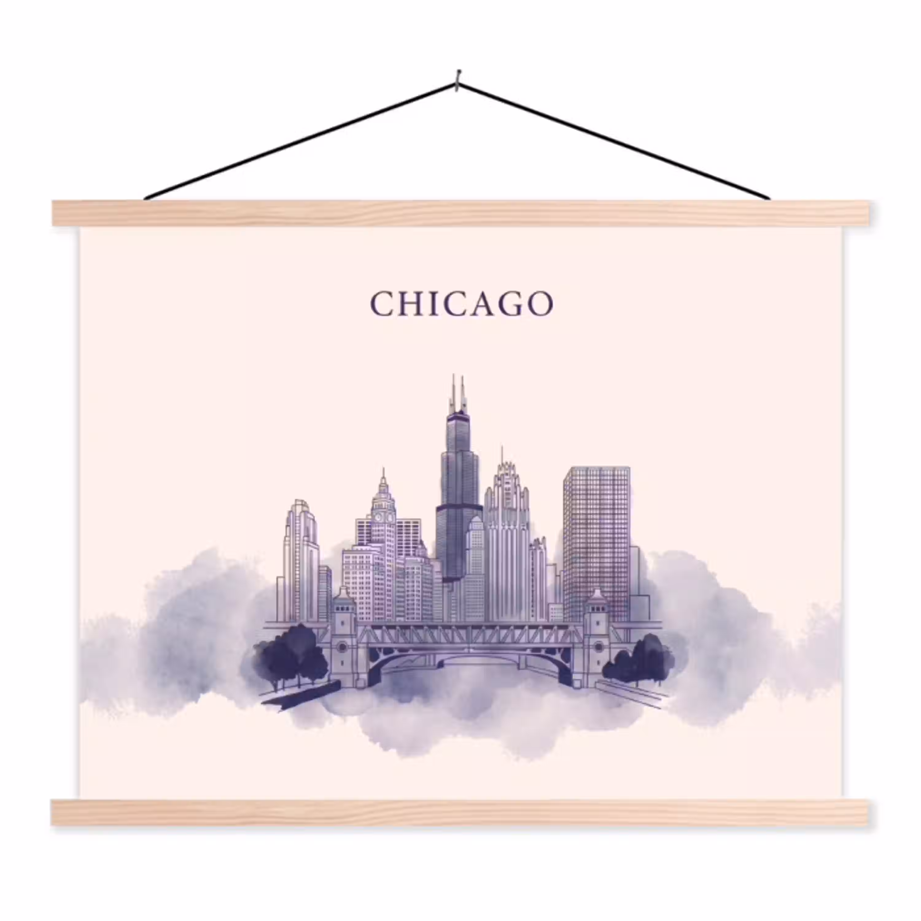 Stad - Skyline - Architectuur - Lijntekening - Blauw textielposter latten blank klein -3d
