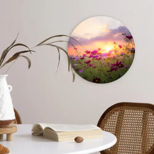 Bloemen - Roze - Zonsondergang - Natuur - Weide - Horizon Wandcirkel kunststof plaat 5mm dik klein -sfeer4