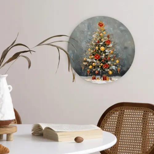 Kerstboom - Cadeaus - Rood - Goud Wandcirkel kunststof plaat 5mm dik klein -sfeer4