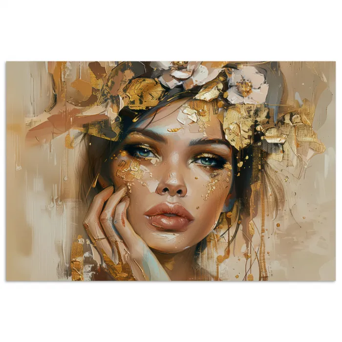 Vrouw - Bloemen  - Goud - Portret poster papier klein -3d