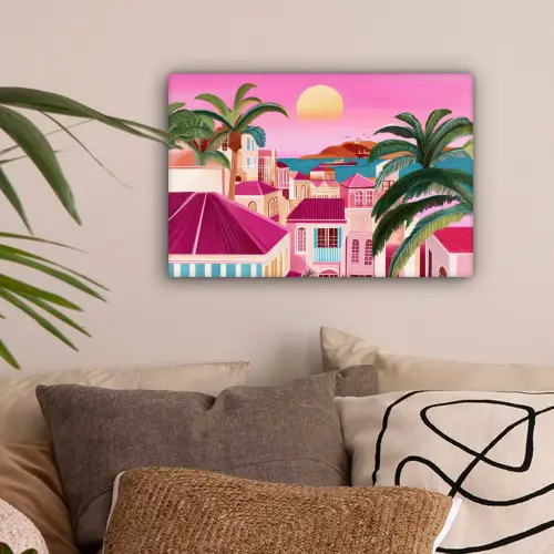 Stad - Roze - Palmbomen canvas 2cm klein -sfeer1