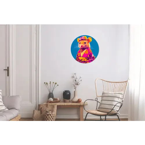 Muis - Kimono - Bloemen - Blauw Wandcirkel aluminium klein -woonkamer