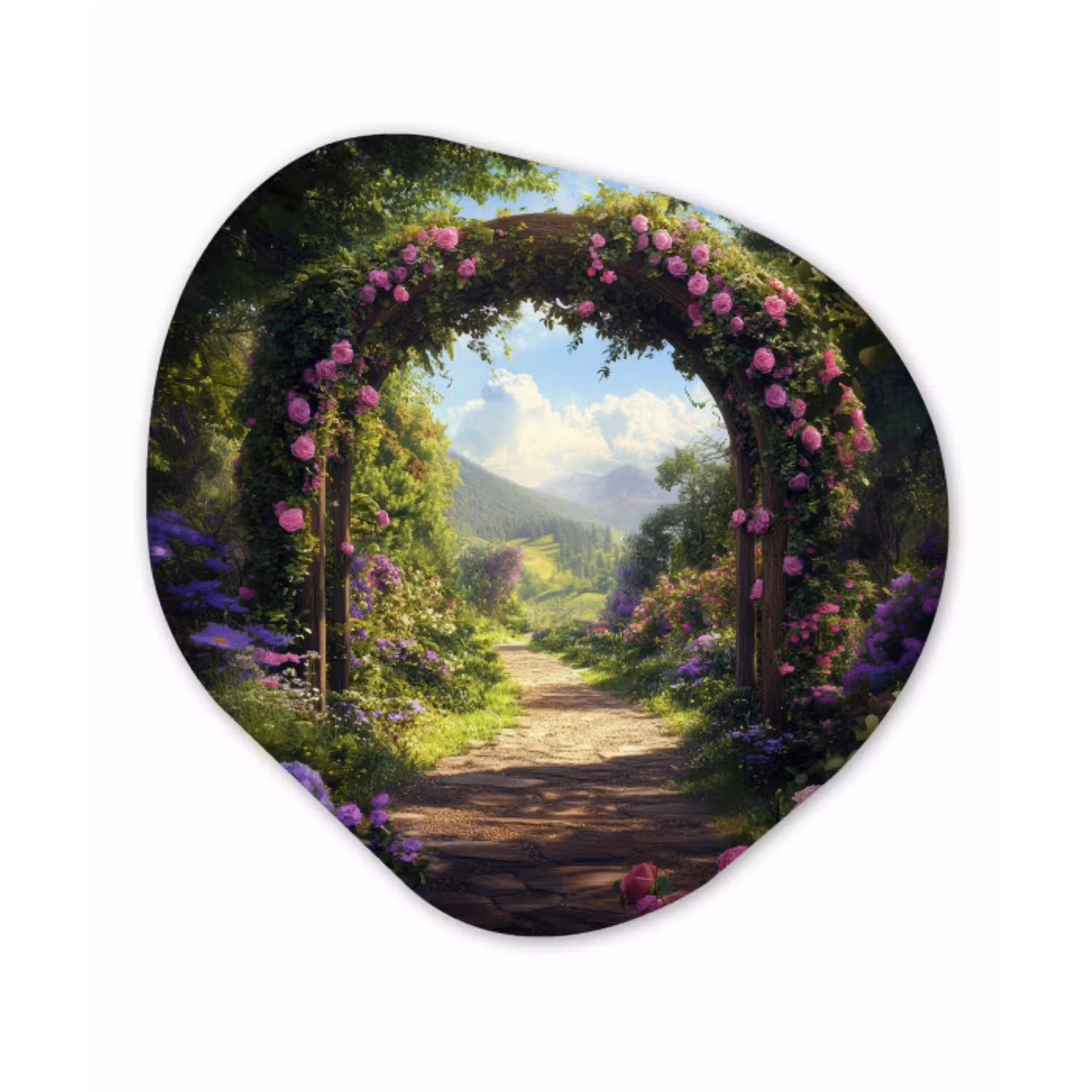 Doorkijk - Rozenboog - Uitzicht - Landschap - Bloemen Wandcirkel Organisch Aluminium middel -3d