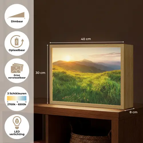 Gras - Heuvels - Zon - Natuur - Landschap Light Box met batterij (Wandlamp) middel -USP_websiteoverzichtNL