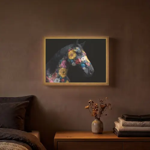 Paard - Bloemen - Zwart Light Box met batterij (Wandlamp) middel -sfeer4