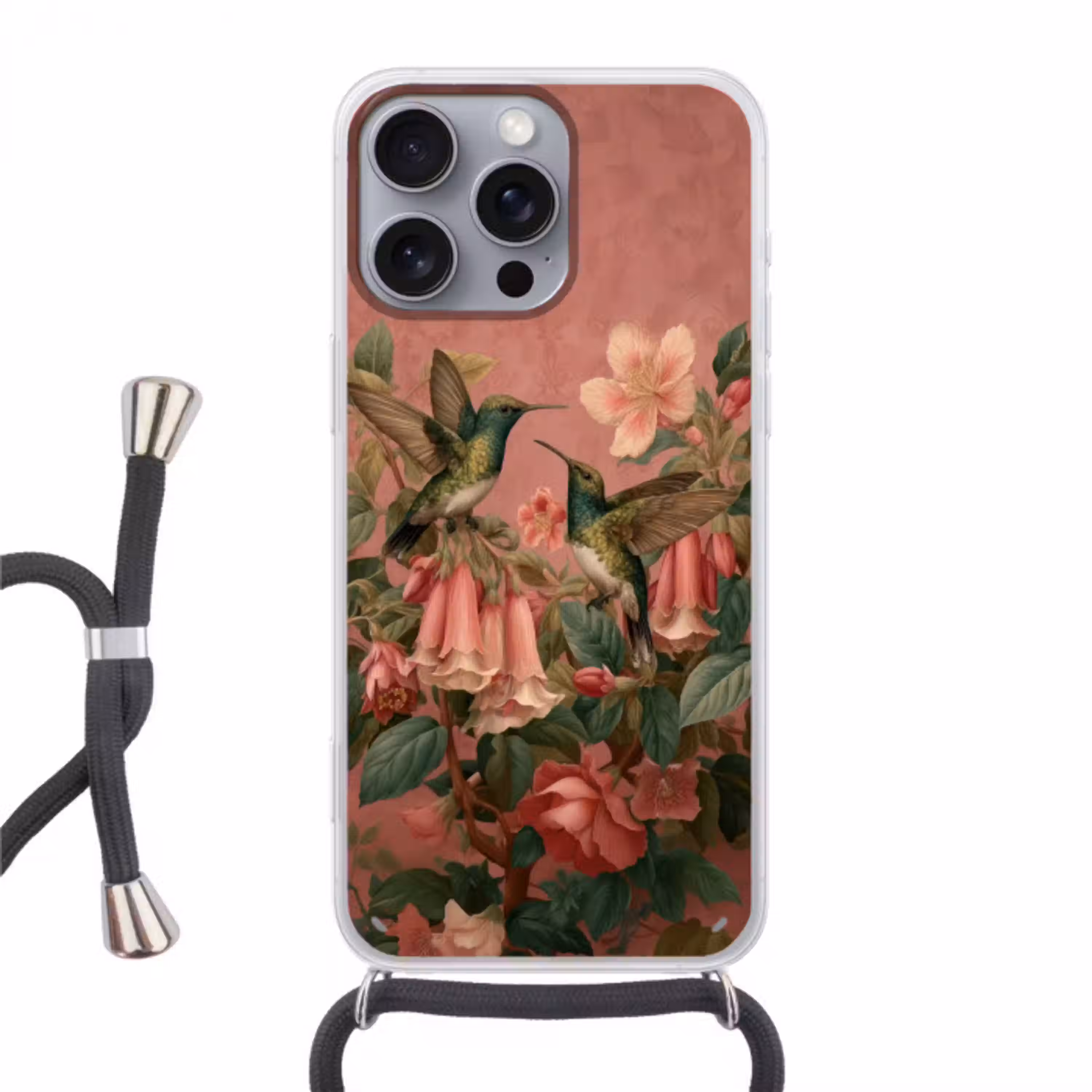 Kolibries - Bloemen - Groen - Roze Hoesje iPhone 16 Pro Max met koord klein -3d