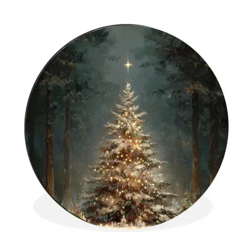 Kerstboom - Bos - Sneeuw - meerkleurig Wandcirkel aluminium klein -3d