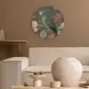 Groene papegaai - Kleurrijke bloemen - Donkere achtergrond Akoestische PET Vilt - Rond klein -sfeer1