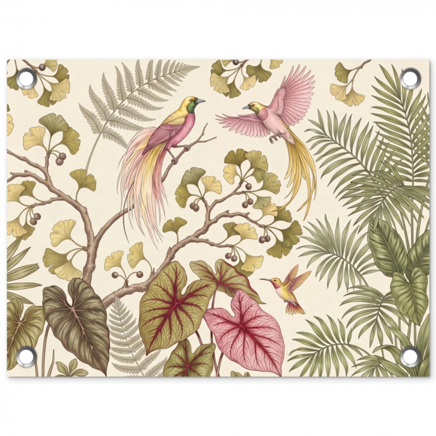 Vogels - Tropisch - Botanisch - Roze tuinposter los doek klein -3d