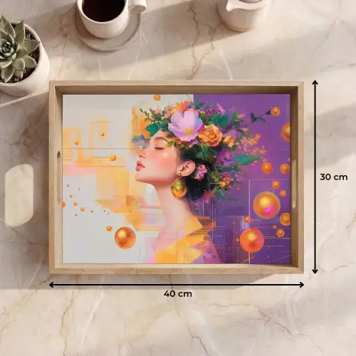 Abstract - Vrouw - Bloemenkroon - Goud Dienblad Rechthoek middel -USP_Formaat
