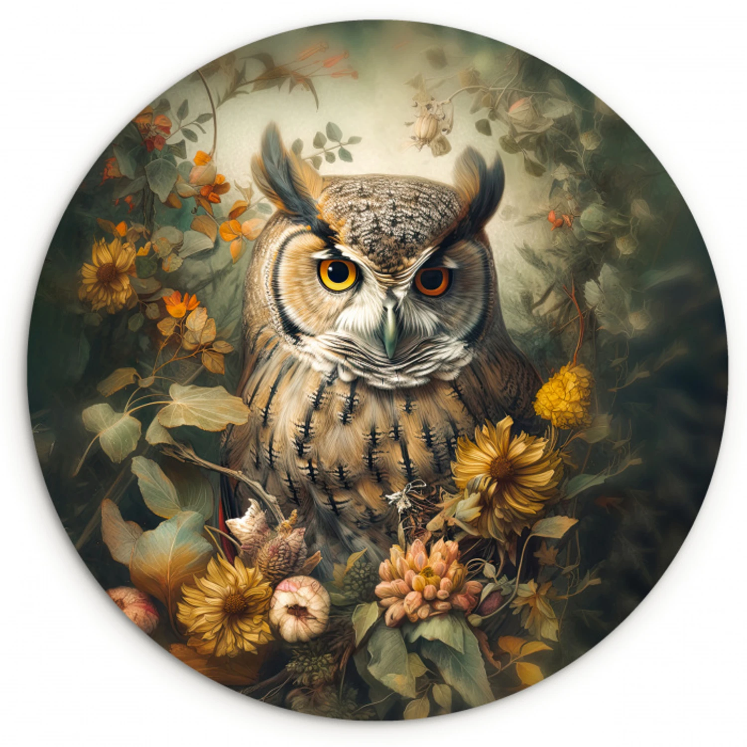 Uil - Vogels - Bloemen - Natuur Wandcirkel kunststof plaat 5mm dik klein -3d