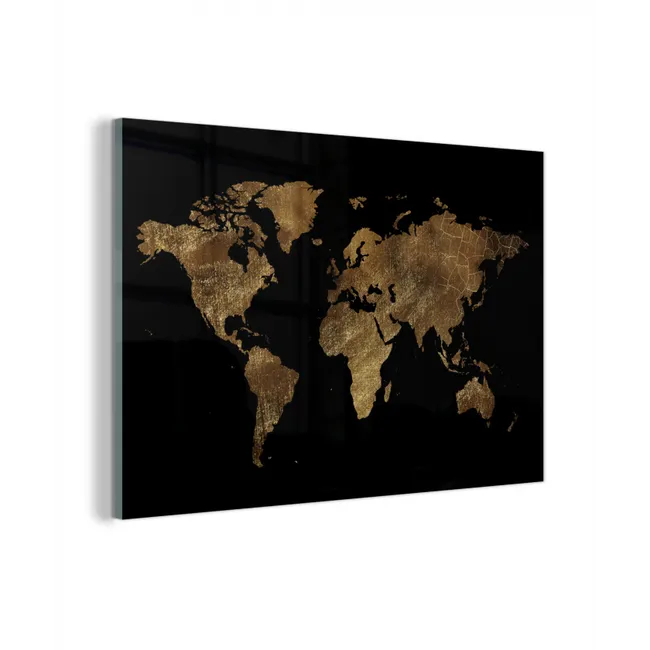 Glas schilderij - Wereldkaart - Goud - Luxe - Aarde - Zwart