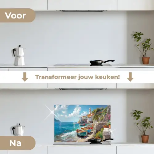 Boten - Rotsen - Zee - Zon keuken achterwand spatscherm klein -voor_na_NL