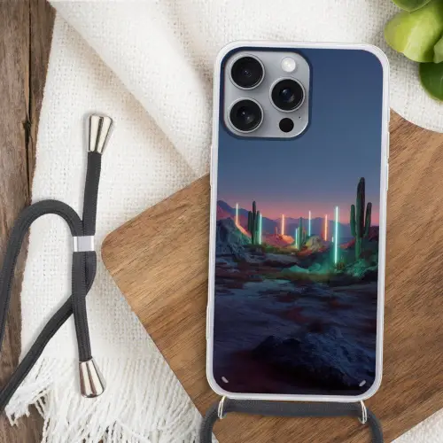 Cactus - Lichtzuilen - Zonsondergang Hoesje iPhone 16 Pro Max met koord klein -sfeer4
