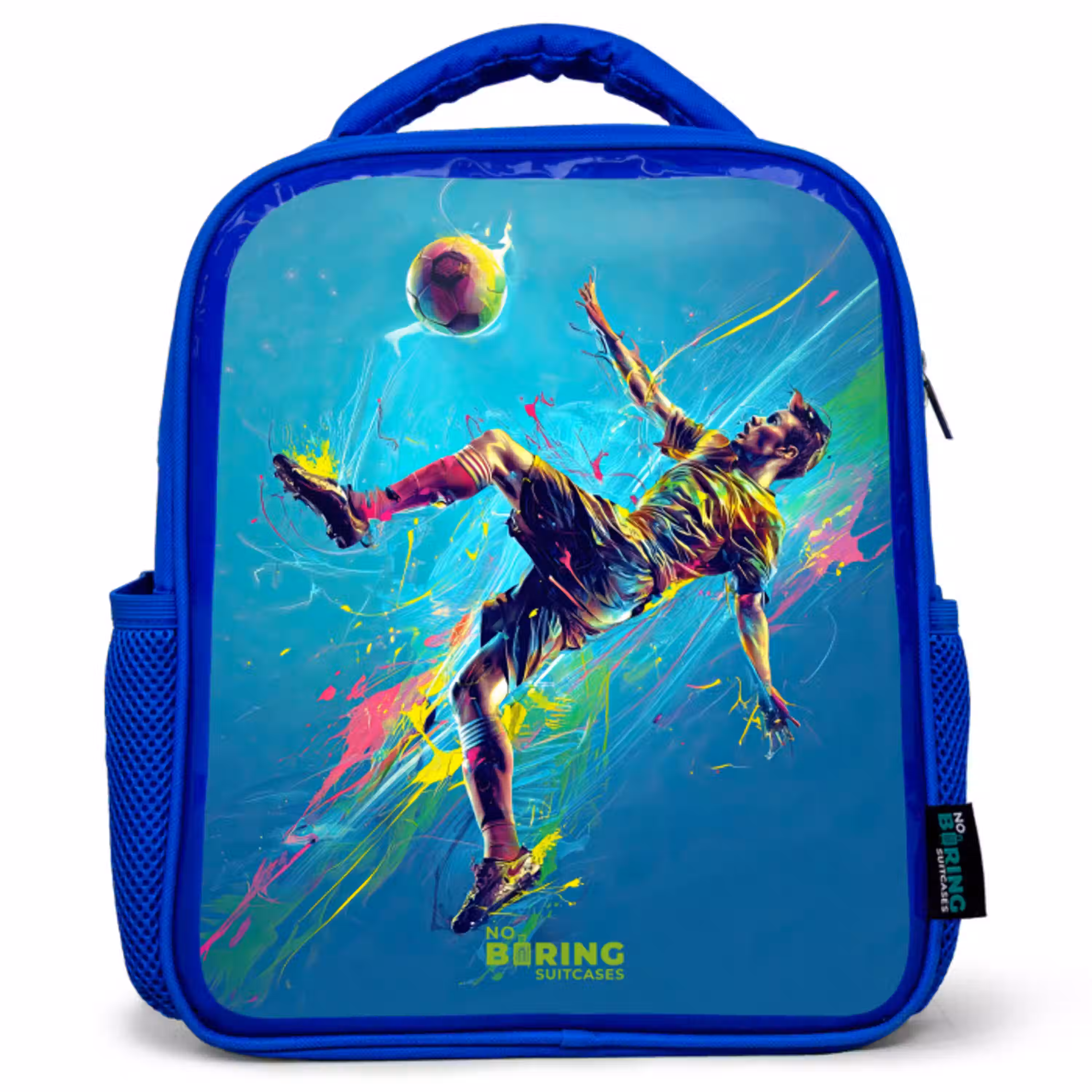 Neon - Voetbal - Schop - Kleurrijk Kinderrugzak - Blauw middel -3d