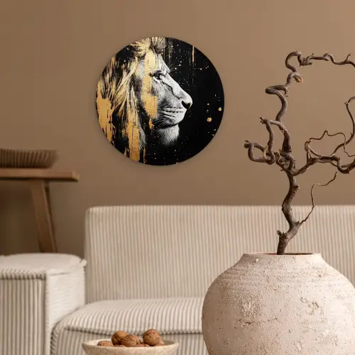 Portret - Leeuw - Abstract - Goud Wandcirkel kunststof plaat 5mm dik klein -sfeer1