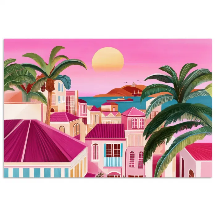 Stad - Roze - Palmbomen poster papier klein -3d