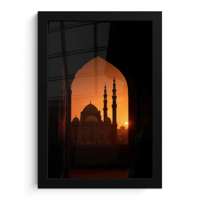 Moskee - Oranje hemel - Donkere boogopening fotolijst zwart zonder passe partout klein -3d