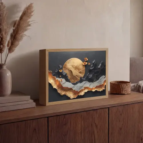 Kunst - Goud - Modern - Abstract Light Box met batterij (Wandlamp) middel -sfeer2