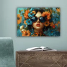 Vrouw - Bloemen - Oranje - Blauw - Modern canvas 2cm klein -sfeer4