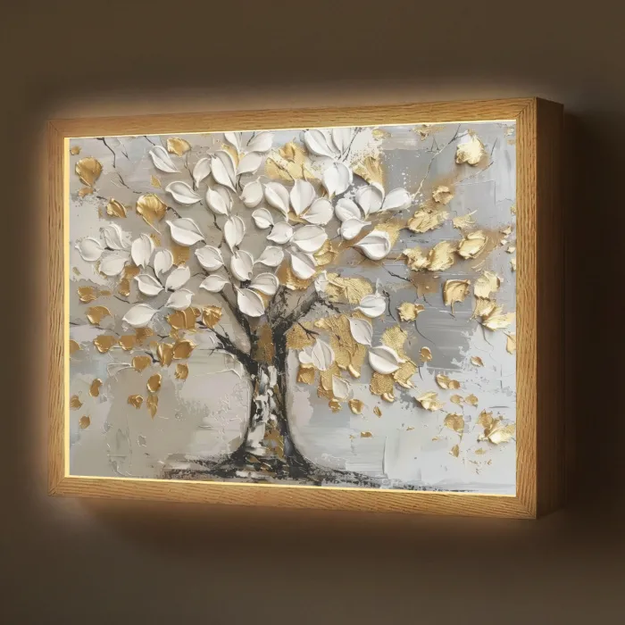 Boom - Beige - Grijs - Goud - Abstract Light Box met batterij (Wandlamp) middel -z3d_website