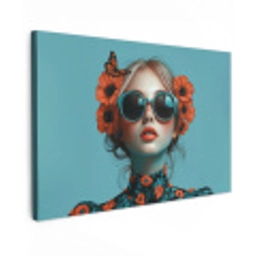 Vrouw - Blauw - Vlinder - Bloemen - Aesthetic Tuinposter op houten frame 2 cm dik klein -3d