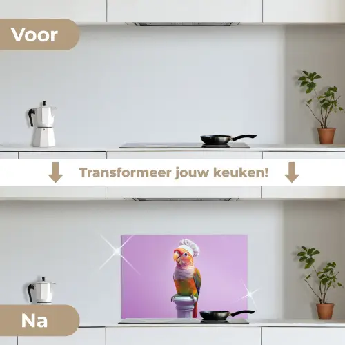 Papegaai - Koksmuts - Pilaar - Vogel keuken achterwand spatscherm klein -voor_na_NL