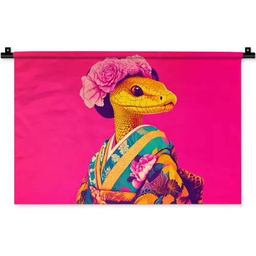 Hagedis - Bloemen - Roze - Kimono Wandkleed katoen klein -zz3d