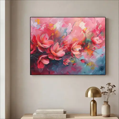 Bloemen - Roze - Natuur- Kunst - Abstract Textielframe zwart klein -sfeer2