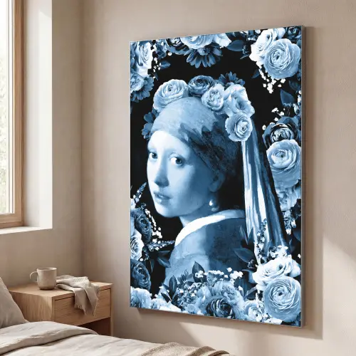 Meisje met de parel - Johannes Vermeer - Delfts blauw Textielframe zilver middel -sfeer3