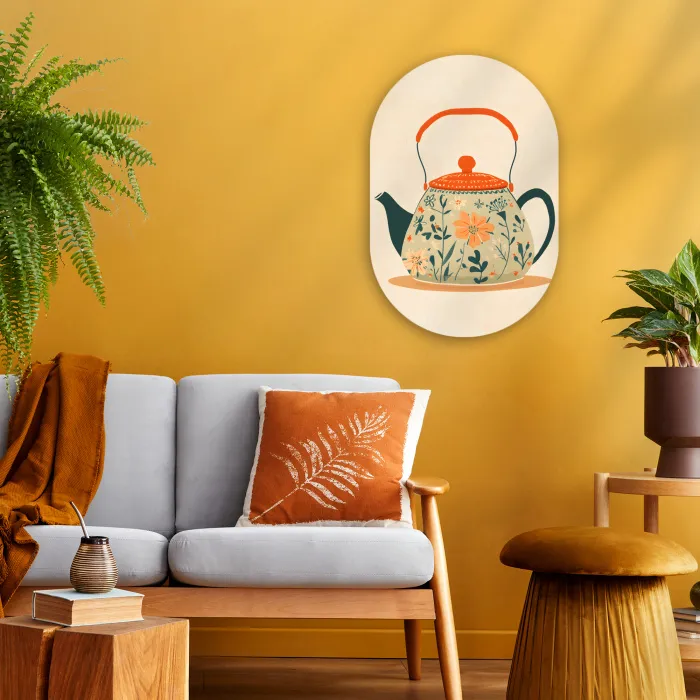 Oranje - Theepot - Bloemen - Bladeren Wandcirkel Ovaal Forex klein -sfeer4