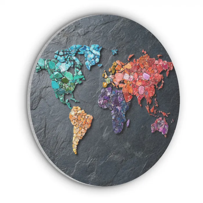 Wereldkaart - Edelstenen - Regenboog - Ruw Akoestische PET Vilt - Rond klein -3d