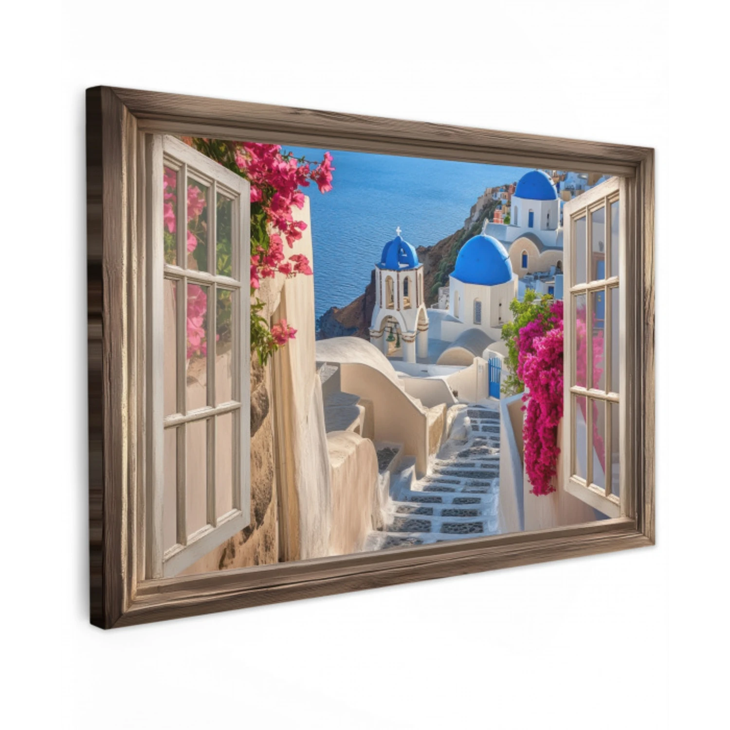 Doorkijk - Santorini - Landschap - Blauw - Grieks Tuinposter op houten frame 2 cm dik klein -3d