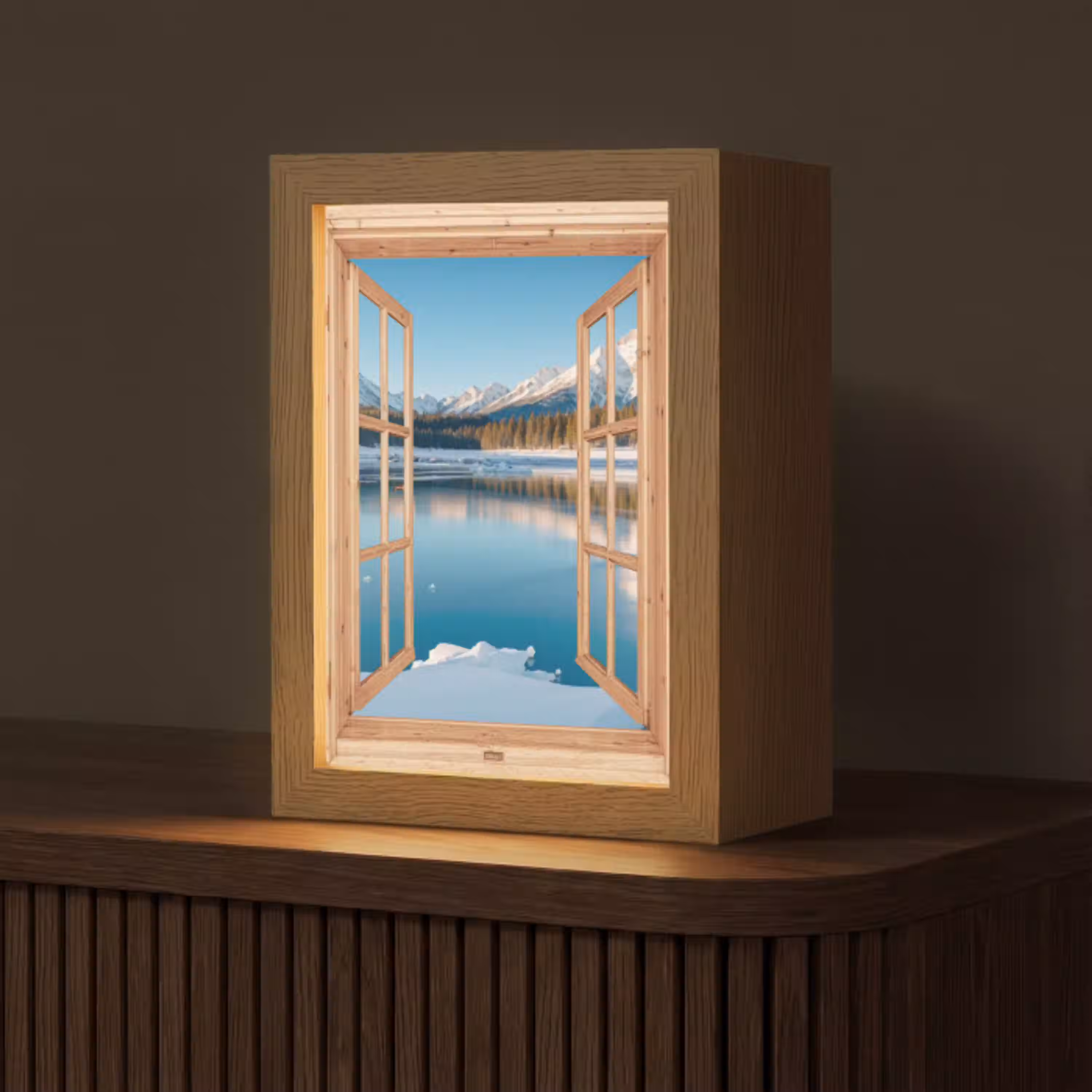Doorkijk - Landschap - Winter - Meer - Bergen - Uitzicht Light Box met kabel (Tafellamp) klein -z3d_website