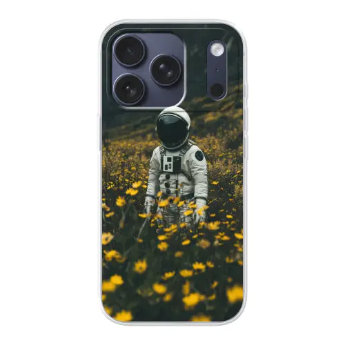 Astronaut - Bloemen - Veld - Geel Telefoonhoesje iPhone 17 Pro klein -3d