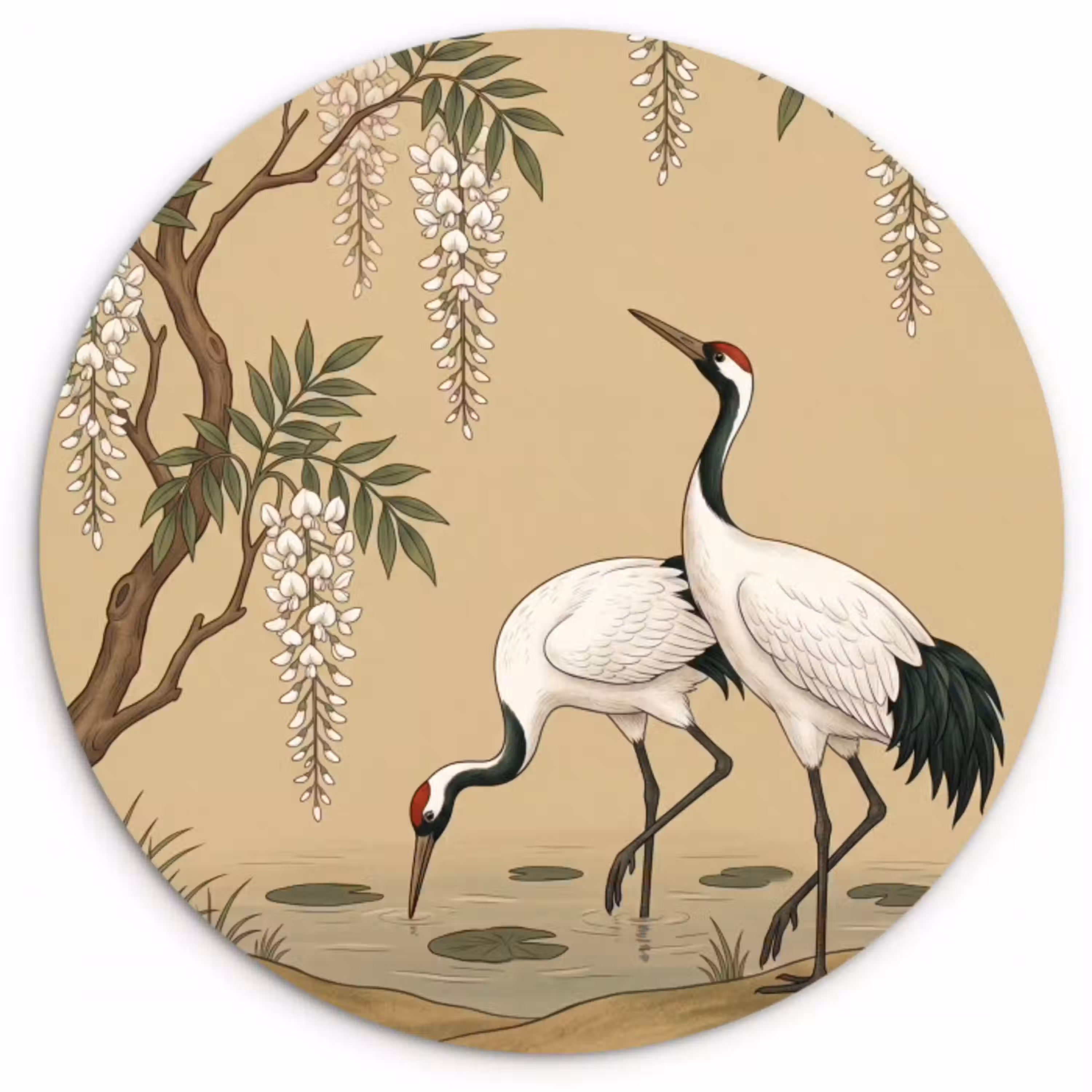 Kraanvogels - Water - Beige Wandcirkel kunststof plaat 5mm dik klein -3d