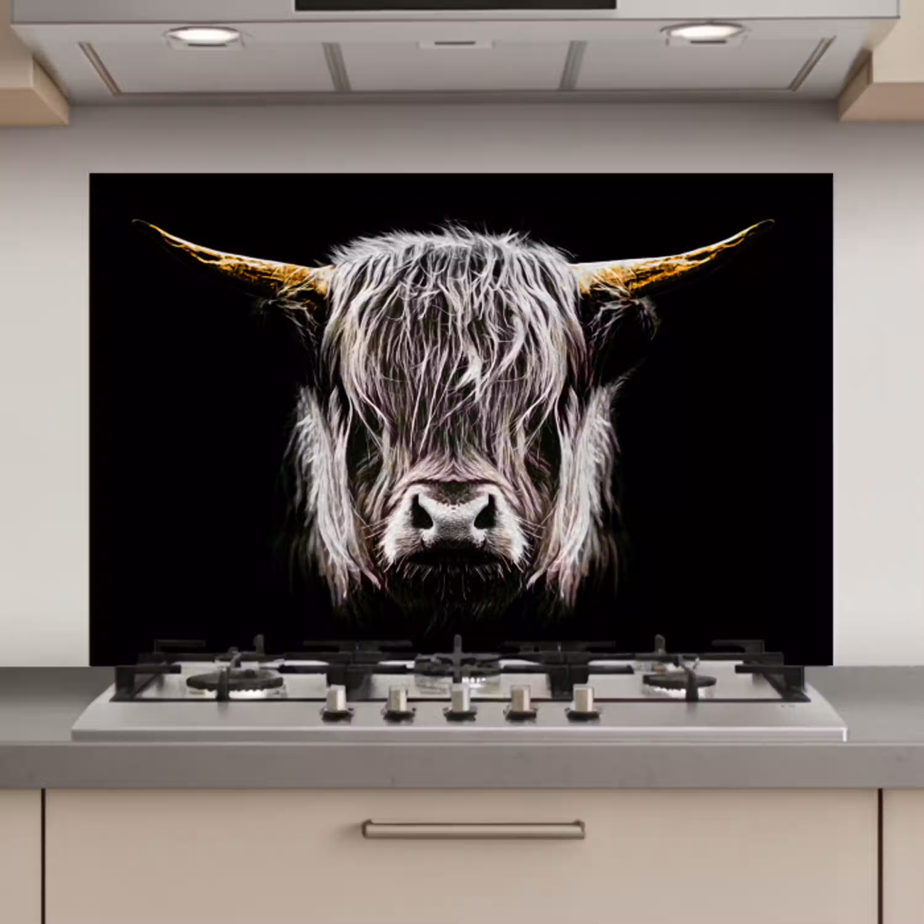 Schotse hooglander - Goud - Hoorns - Zwart wit - Koe - Dieren keuken achterwand spatscherm klein -3d_website