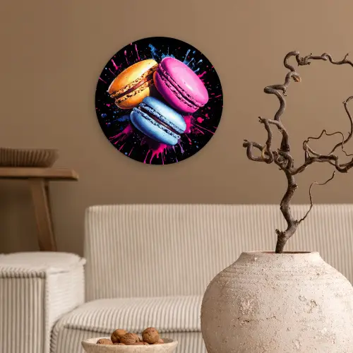 Macarons - Dessert - Graffiti - Kleurrijk - Roze - Blauw - Geel Wandcirkel kunststof plaat 5mm dik klein -sfeer1