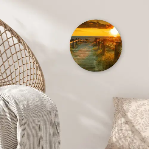 Zon - Strand - Duin - Horizon - Gras - Pad - Oranje Wandcirkel kunststof plaat 5mm dik klein -sfeer5
