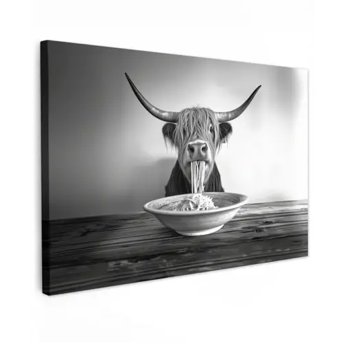 Schotse Hooglander - Spaghetti - Dieren - Zwart wit Tuinposter op houten frame 2 cm dik klein -3d