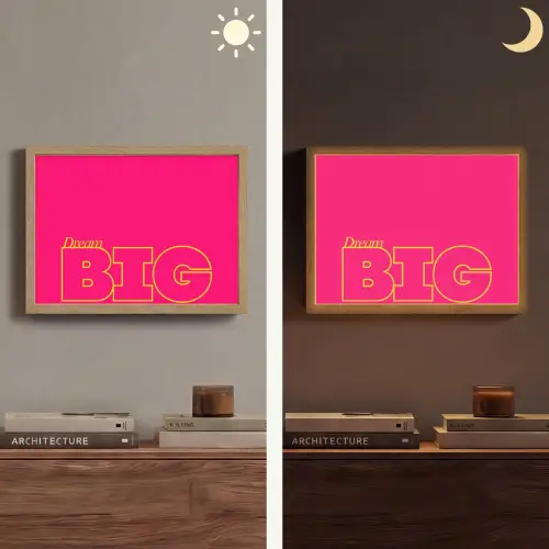 Minimalistisch - Roze - Dream big - Grafisch Light Box met batterij (Wandlamp) middel -sfeer3