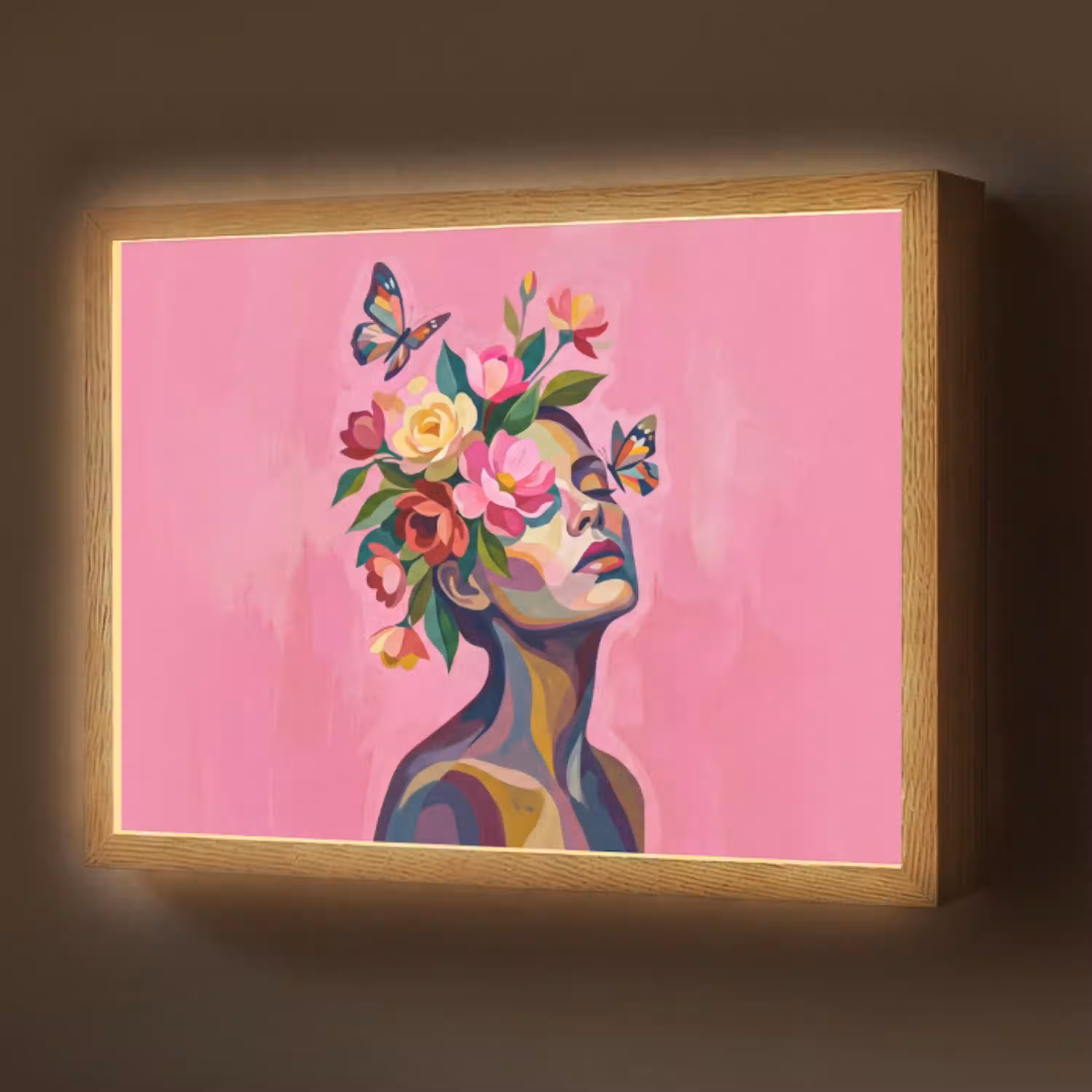 Vrouwengezicht - Vlinders - Kleurrijk Light Box met batterij (Wandlamp) middel -z3d_website
