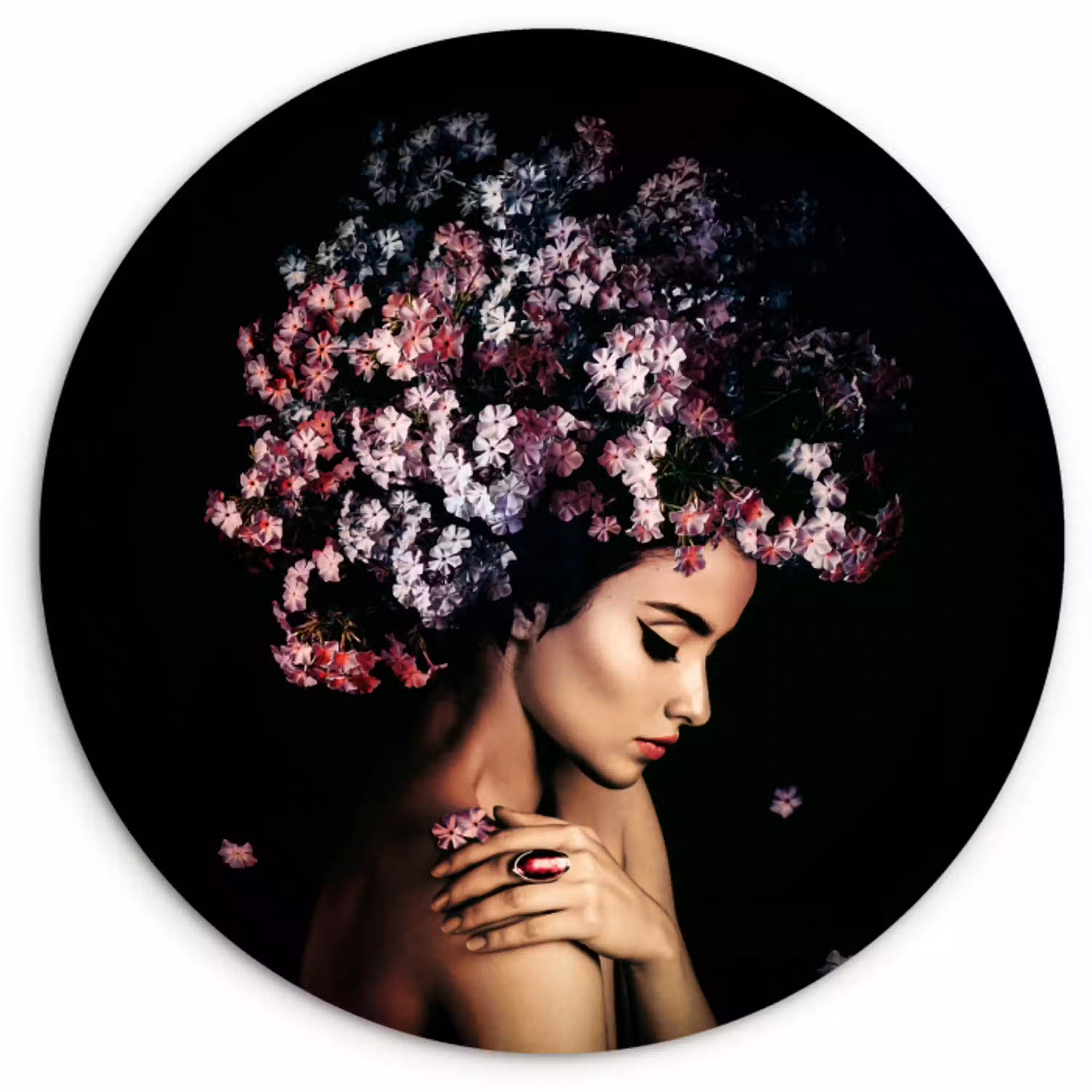 Bloesem - Vrouw - Roze - Bloemen - Luxe Wandcirkel kunststof plaat 5mm dik klein -3d