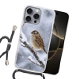Vogel - Tak - Sneeuw - Winter Hoesje iPhone 16 Pro Max met koord klein -sfeer1
