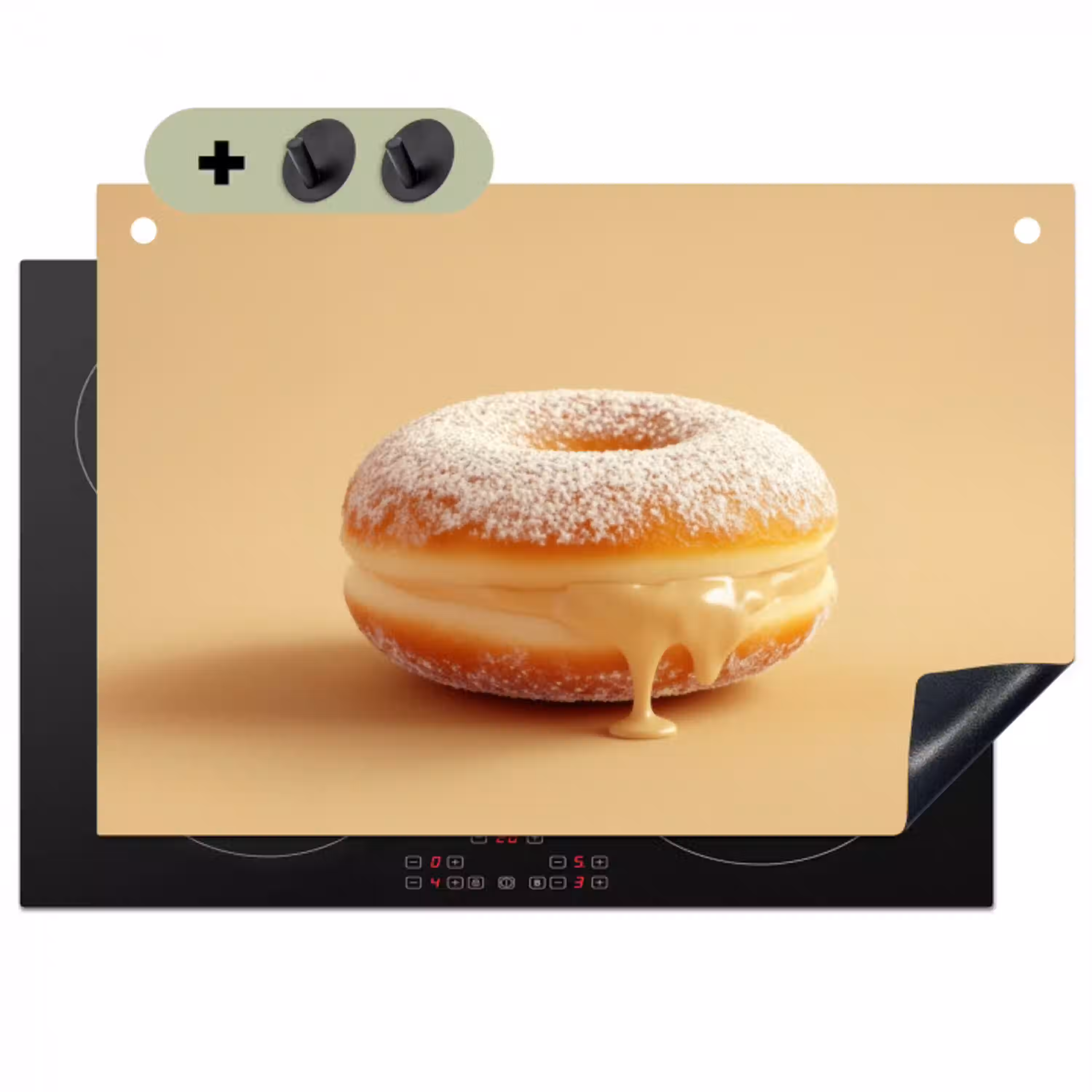 Donut - Romig - Poedersuiker - Beige Inductie beschemer met haakjes klein -3d