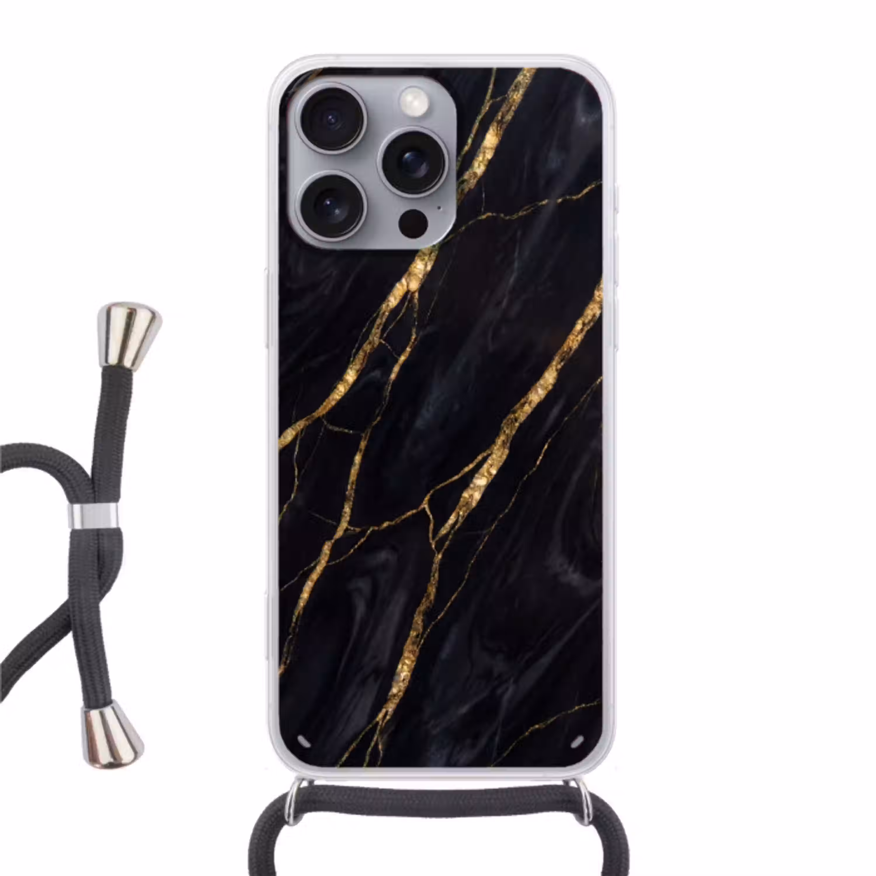 Marmer - Gouden aders - Abstract - Zwart Hoesje iPhone 16 Pro Max met koord klein -3d
