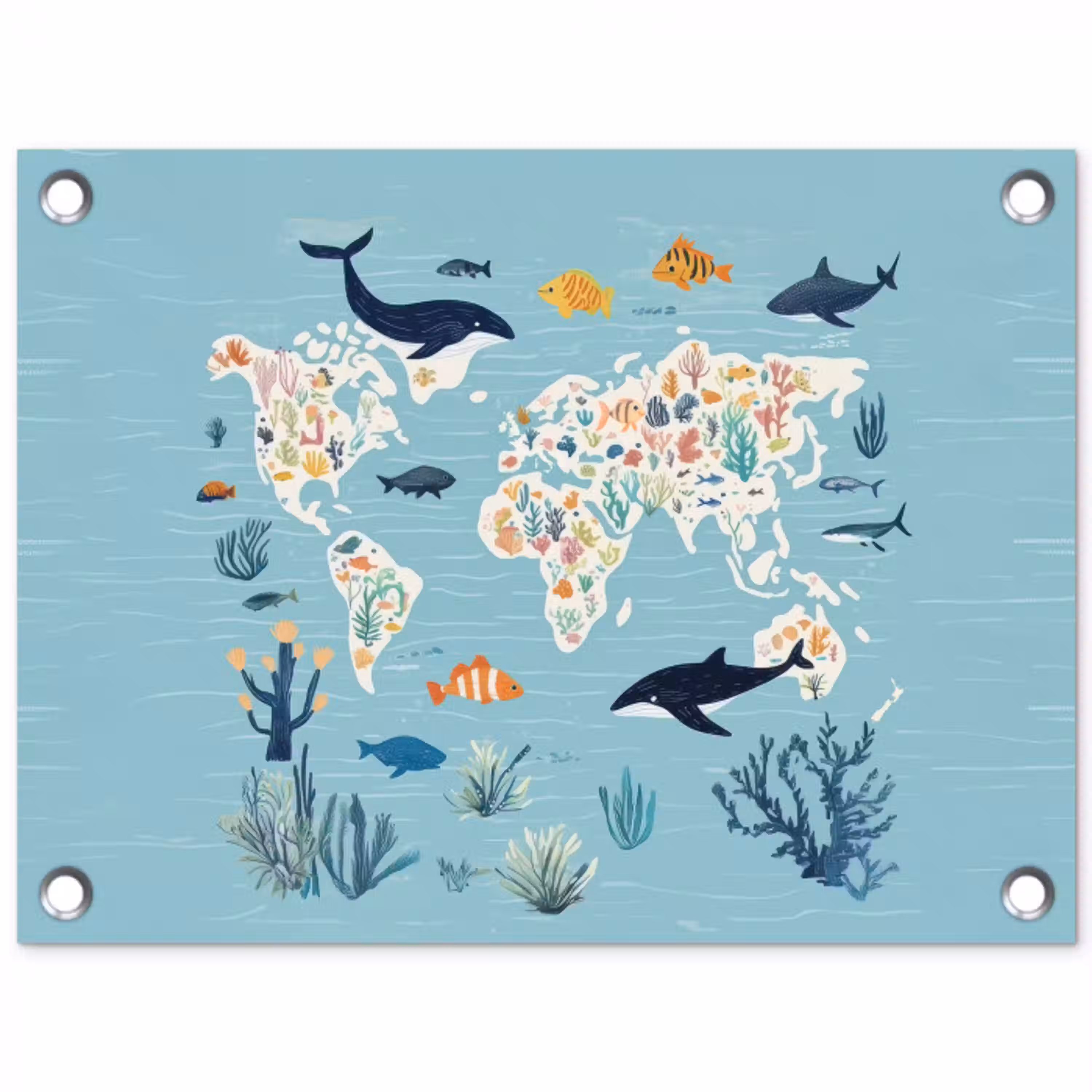 Wereldkaart - Zeeleven - Blauw tuinposter los doek klein -3d